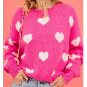 Bright Pink Heart Pattern Fuzzy Cozy Sweater. Size Small.‎
